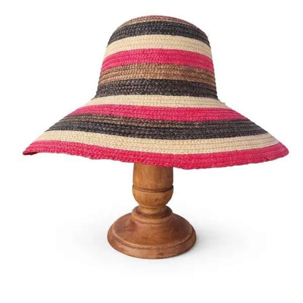 Kallina Straw Sun Hat Pink Striped UPF 50+ Wide Brim Beachwear Resort Travel‎